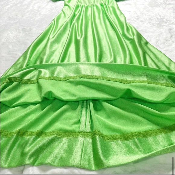 Vintage 1970s 70s Handmade Neon Green Pintucked Short Sleeve Qiana Maxi Dress - Picture 4 of 16